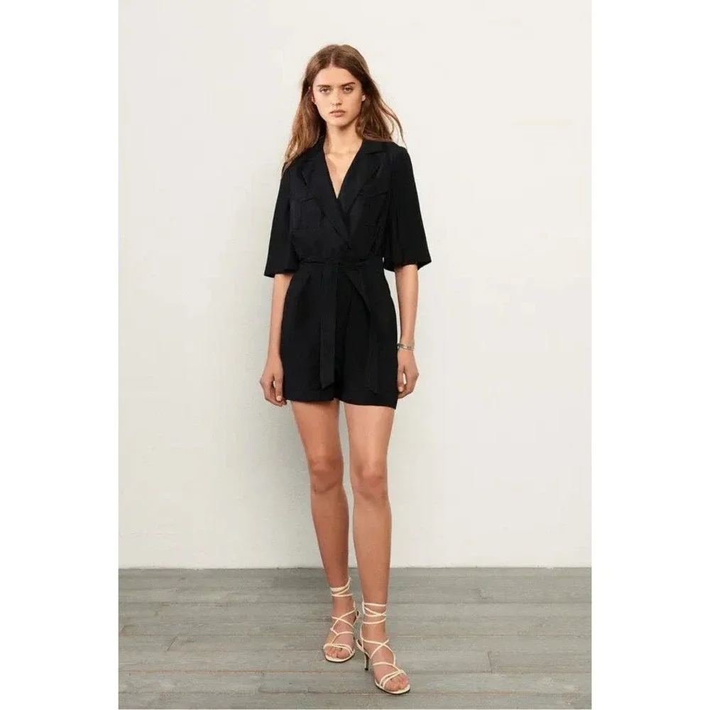 Ba&sh Calia Black Mini Romper Short Sleeve Belted Wrap Front Size S
